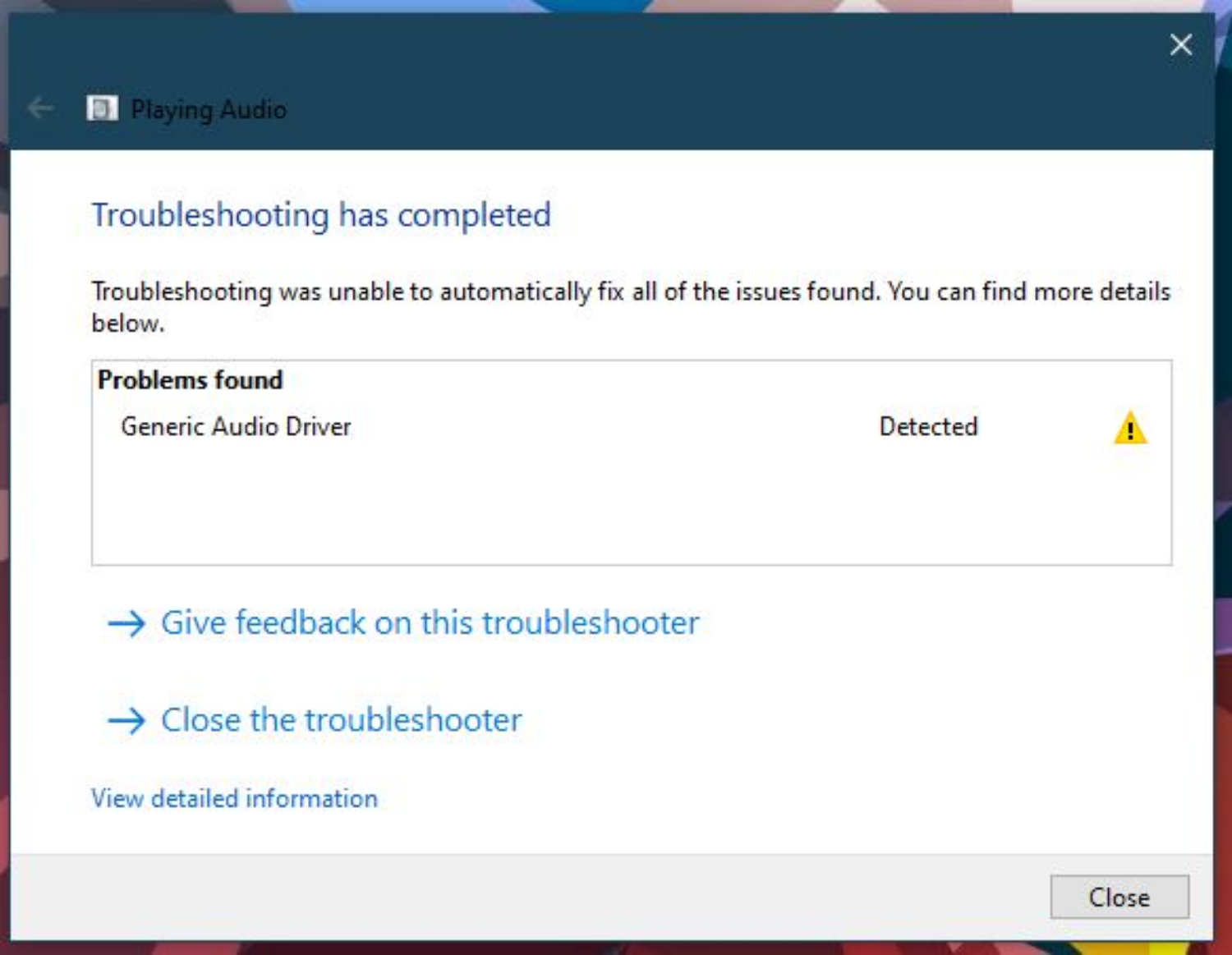 audio troubleshooter detects in windows 10