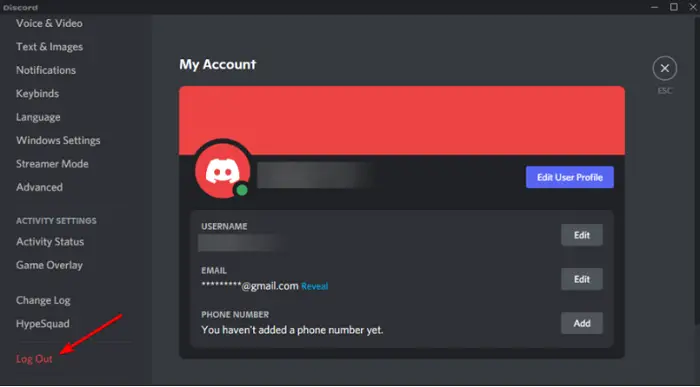 Log Out and return to fix discord mic not working