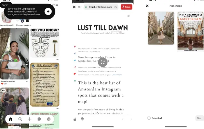 navigate to the pinterest app next and you will automatically see a black pop-up that will allow you to copy ht most recent link to your pinterest