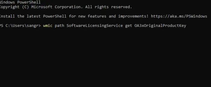 wmic path softwarelicensingservice get oa3xoriginalproductkey