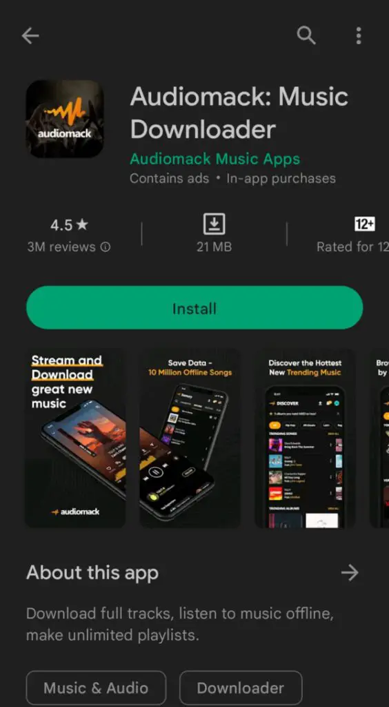 downloading audiomack from play store