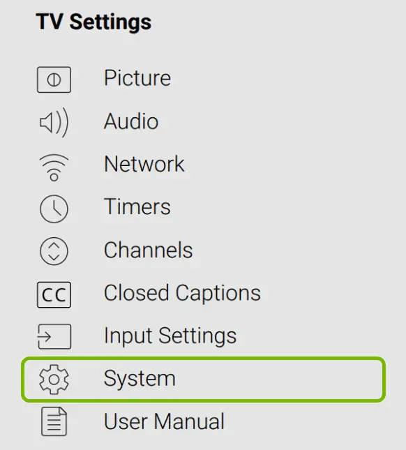select system option in vizio tv settings
