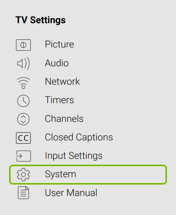 selecting system option in vizio tv settings