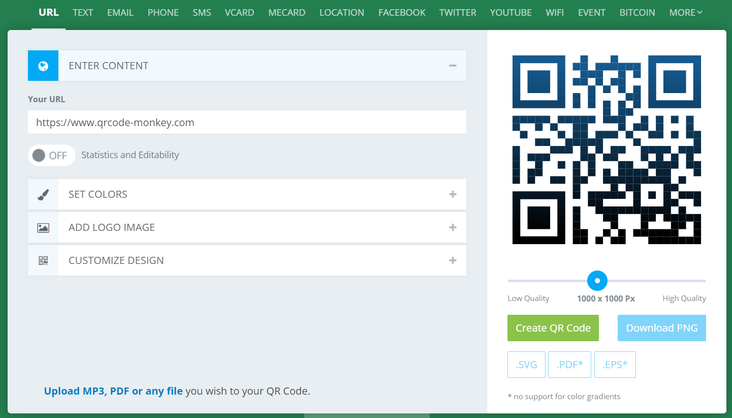 QR monkey range of options for QR code generation. Third place out of 5 Best QR Generating Software Online.